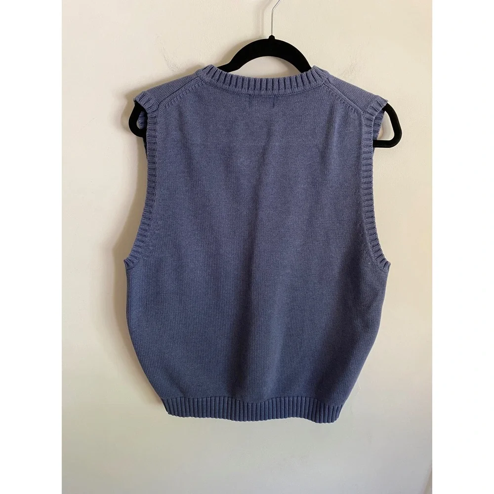 LL Bean Mens Blue V-Neck Knit Sweater Vest Solid Ribbed Trim Sleeveless Regular